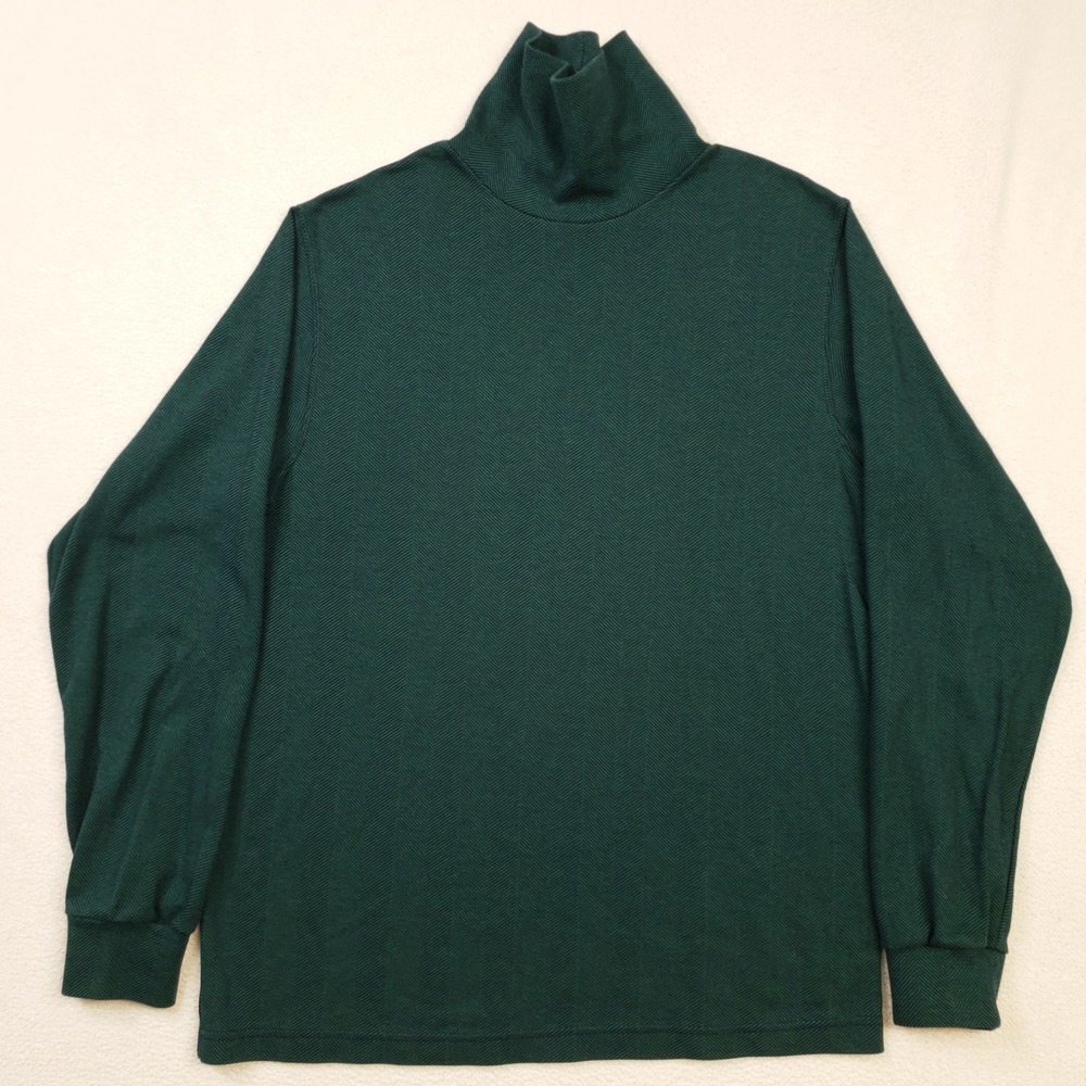 Lands' End Turtleneck Men Large Green Herringbone Long Sleeve Vintage USA Made